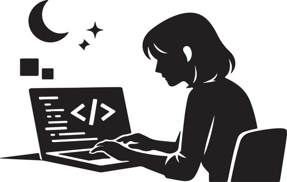 Female Programmer Coding on Laptop Night Work Software Developer Silhouette
