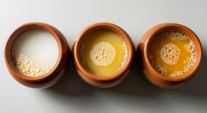 Three ceramic pots containing various traditional fermented drinks and grain mixtures viewed from directly above in bright lighting
