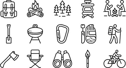 Camping and hiking equipment icon set with backpack, campfire, tent gear, climbing and outdoor adventure symbols, modern outline vector collection for travel and nature design © MdOazad