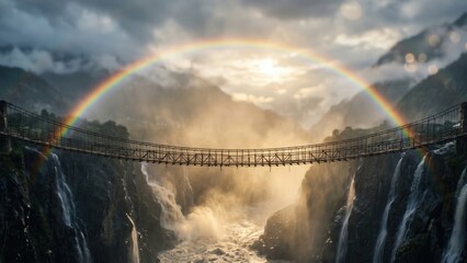 Naklejka premium Rainbow Above Ancient Himalayan Bridge – Dramatic Monsoon Gorge Landscape