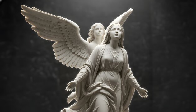 Marble statue of an angel holding Virgin Mary during the Assumption of Mary to heaven, representing divine grace and holiness for a religious spirituality concept