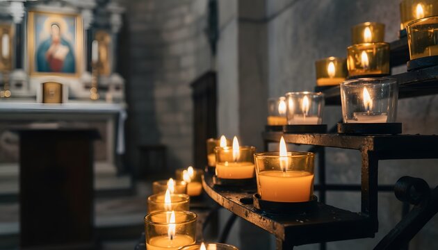 Lighting votive candles in a dark chapel during the feast of the Assumption of Mary for spiritual prayer and religious remembrance concept with holy altar background