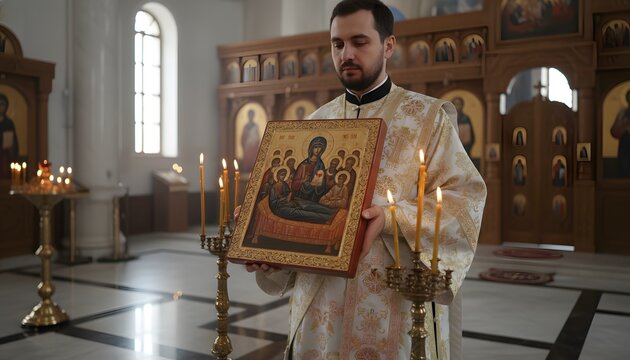 Orthodox priest holding icon of the Assumption of Mary inside a cathedral with burning candles for religious spiritual celebration concept and traditional worship