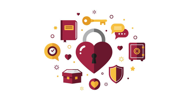 Heart Padlock Security Concept Illustration with Shield, Key, and Safe Icons for Emotional Privacy and Protection
