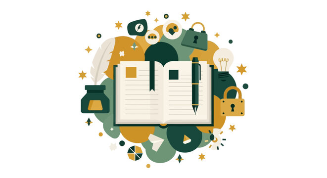 Creative Writing, Journaling, and Storytelling Concept Illustration with Open Notebook, Pen, and Idea Icons. Flat Vector Design for Education and Blogging.