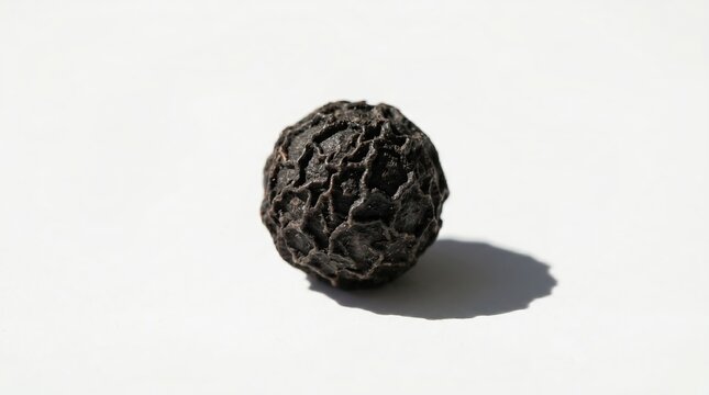 A single wrinkled black peppercorn sits on a bright white background casting a sharp shadow.