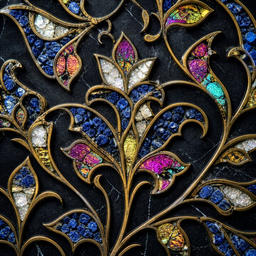 Contemporary Mughal Inlay Art, Abstract Floral Arabesque with Dichroic Glass and Brass on Matte Black Marble for Luxury Decor