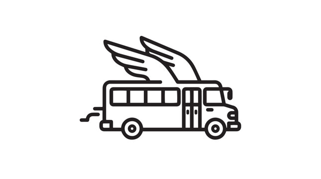Minimalist vector graphic illustration of a stylized school bus featuring large decorative bird wings above roof