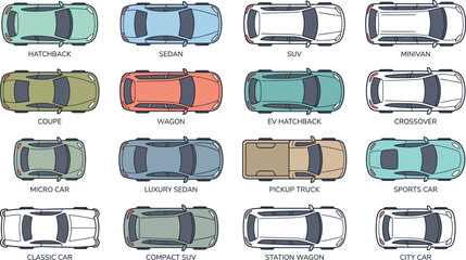 Top view car vector collection, colorful automobile icons with sedan, SUV, pickup and sports models for site layouts, traffic mapping and architectural plan graphics © PrimePixel Co