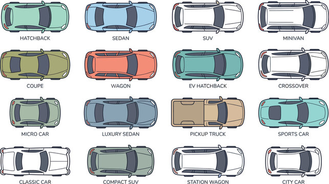 Top view car vector collection, colorful automobile icons with sedan, SUV, pickup and sports models for site layouts, traffic mapping and architectural plan graphics