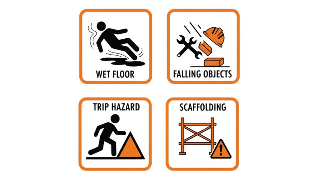 Construction Site Hazard Icons, Vector Wet Floor, Falling Objects, Trip Hazard and Scaffolding Safety Signs, Industrial Warning Symbols Icon Sheet