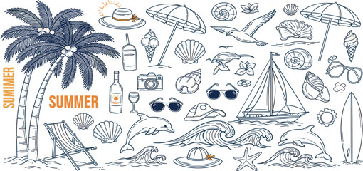 Summer Beach Doodle Illustration Set with Palm Tree, Dolphin, Waves, Sailboat, Umbrella, and Travel Elements for Vacation Design, Tropical Theme, and Seaside Graphic Collection © AB