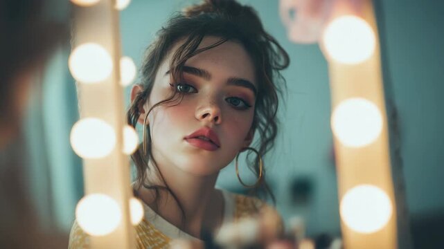 Young woman with freckles and makeup looking in mirror with vanity lights
