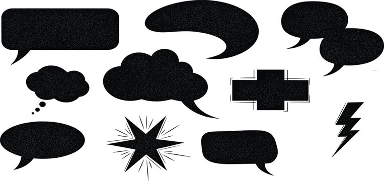 Grunge Speech Bubble Comic Elements Set with Distressed Texture, Starburst, Cloud Shapes, and Lightning Icon for Pop Art Design, Dialogue Effects, and Vintage Graphic Assets