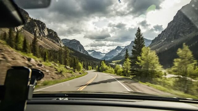 Scenic drive through a mountain pass with dramatic clouds from a car's perspective, showcasing nature's beauty