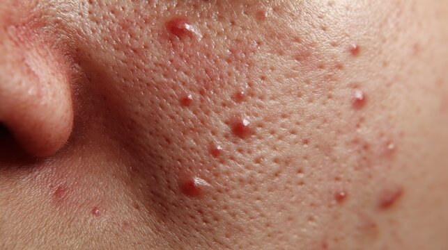 Closeup of skin with acne and enlarged pores