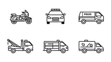 Emergency Vehicles: An array of emergency vehicles, including police cars, ambulance, motorcycle, and tow truck, essential for responding to diverse situations and maintaining public safety. © hafs121