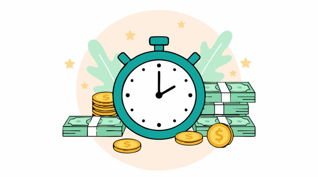 Time is money concept with stopwatch, cash, and coins illustration