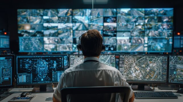 Security operator monitoring surveillance feeds in a hightech command center