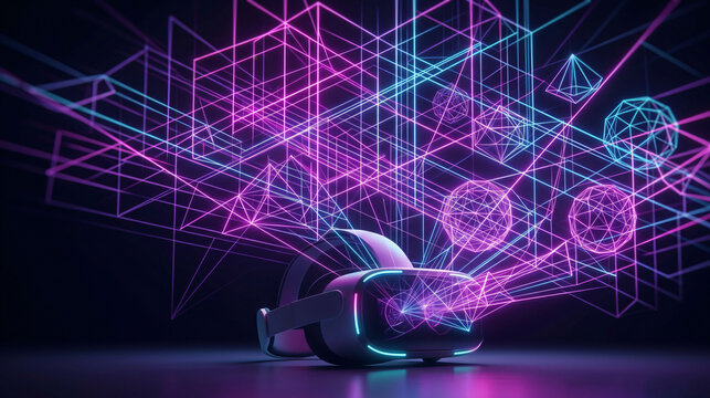 Virtual reality headset projecting glowing neon geometric wireframe shapes in dark space