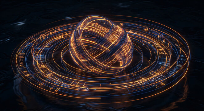Abstract glowing neon wireframe sphere gyroscope rings on dark background