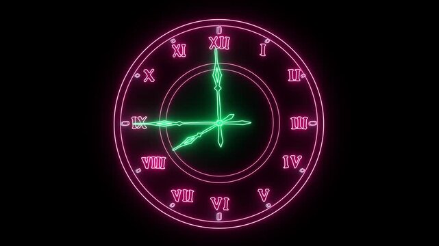 Watch face purple green hands Roman numerals 8 o'clock hands in motion black screen. Computer graphics.