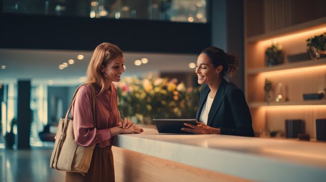A friendly hotel receptionist assists a guest at the front desk