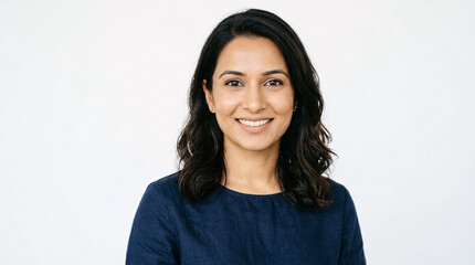 Fototapeta premium Portrait of a smiling Indian woman with dark hair and eyes, wearing a dark blue shirt against a white background