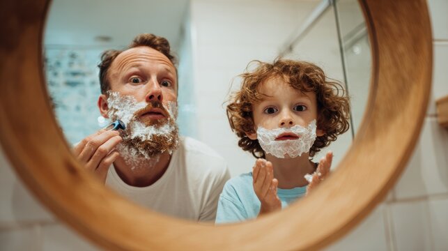 A father and son shaving together in front of a bathroom mirror