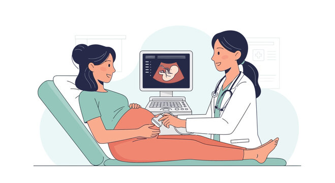 Doctor performs ultrasound on pregnant woman, showing baby on screen