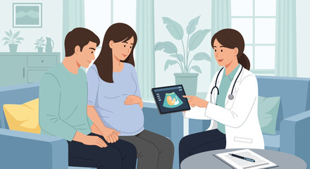 Fototapeta premium Pregnant Couple Consults Doctor About Ultrasound Scan Results
