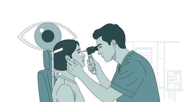 Ophthalmologist examining patient's eye with ophthalmoscope in clinic