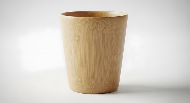 Simple wooden cup with natural bamboo texture stands elegantly isolated on a clean white background for sustainable drinkware product design photography