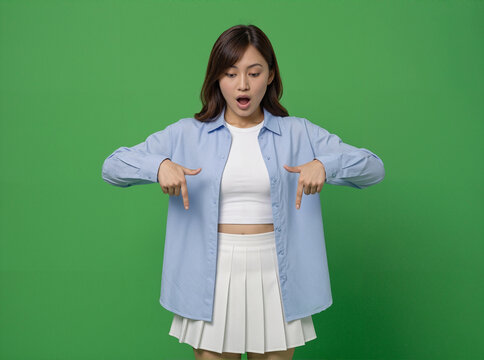 Surprised Young Asian Woman Pointing Down with Open Mouth