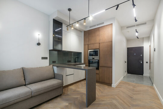 The space shows a kitchen with modern appliances next to a living area with a sofa. The layout is open, and there are stylish lights above the kitchen surface. The walls are light and bright
