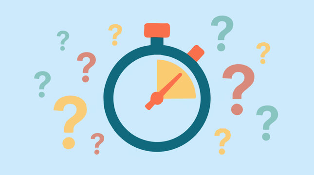 Time and questions concept with stopwatch surrounded by question marks