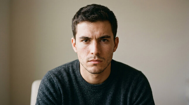 A direct portrait of a young man with dark hair and a serious expression, looking directly into the camera