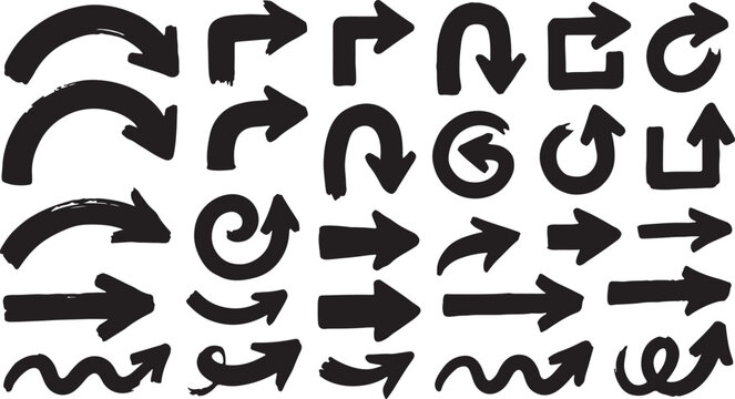 Collection of black hand drawn arrows in various shapes and styles with direction isolated background collection straight circular segmented pointing movement backward artistic creative