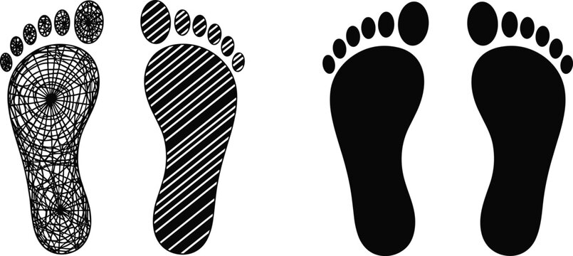 Abstract footprint silhouettes set with solid, striped and scribble textures, human foot impressions isolated on white background for design use