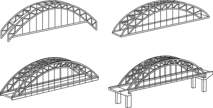 Arch bridge silhouettes set featuring structural steel designs and construction concepts isolated on white background for architecture and engineering use