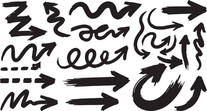 Diverse set of black arrows with a hand painted brush texture hand drawn background collection straight circular segmented movement direction artistic isolated navigation backward