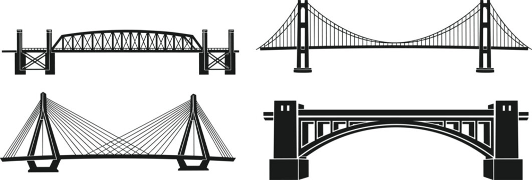 Bridge silhouettes collection with suspension arch and cable stayed designs isolated on white background infrastructure architecture illustration set