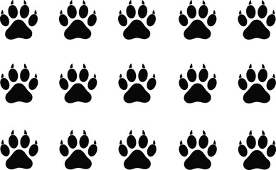 Fototapeta premium Grid of multiple animal paw print icons arranged in uniform rows and columns for pets, wildlife, tracking, and design themes