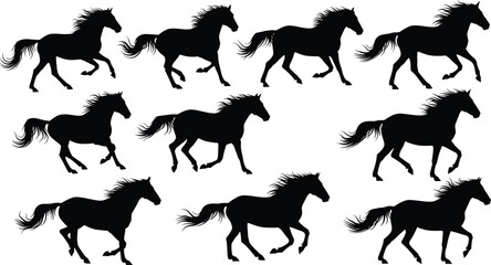 Naklejka premium Horse silhouette set with running and galloping poses for equestrian design, animal illustration, farm concept, and dynamic motion graphics