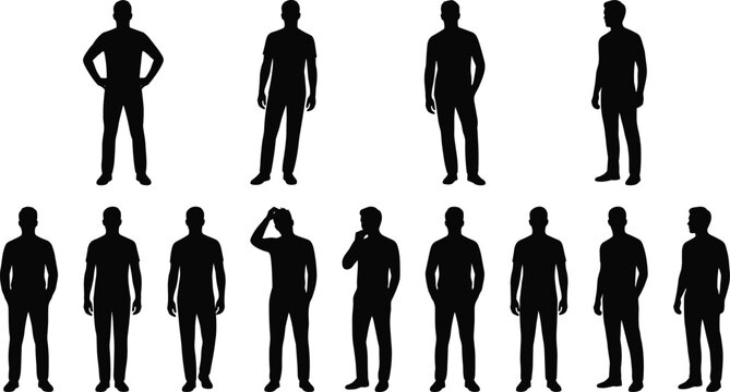 Male body silhouette set featuring standing men in various poses isolated in clean black vector style for character design