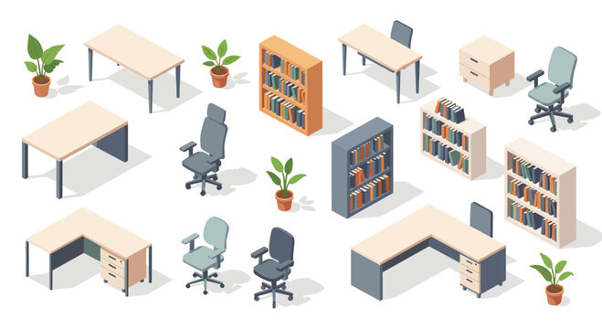 A comprehensive collection of isometric office furniture sets including desks chairs bookshelves and decorative plants displayed against a clean white studio background setting.