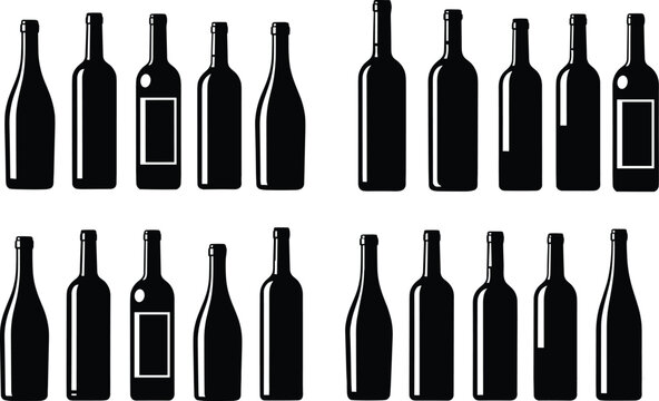 Silhouette illustration of diverse bottle shapes arranged in rows, emphasizing beverage container designs, outlines and artistic variations