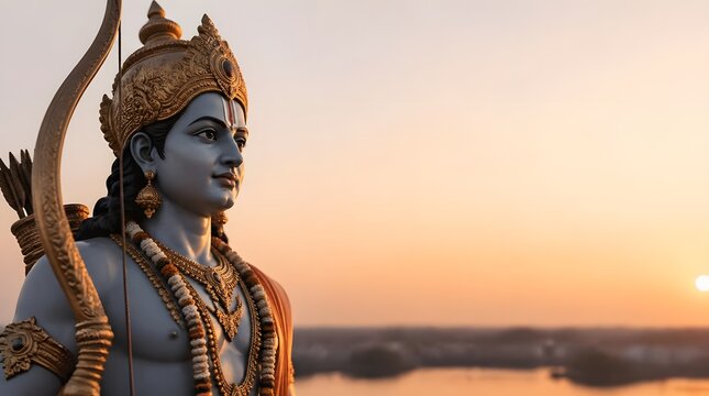 Divine Blue Statue Archer at Sunset