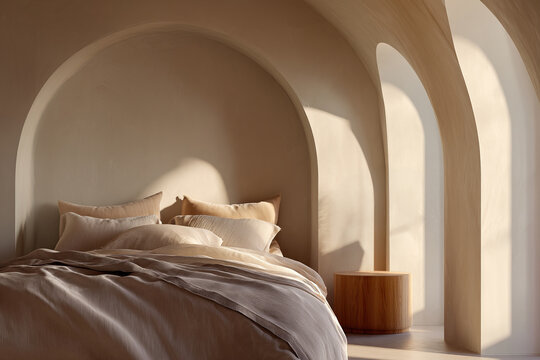 Cozy minimalist bedroom with soft bedding and warm sunlight through arched window