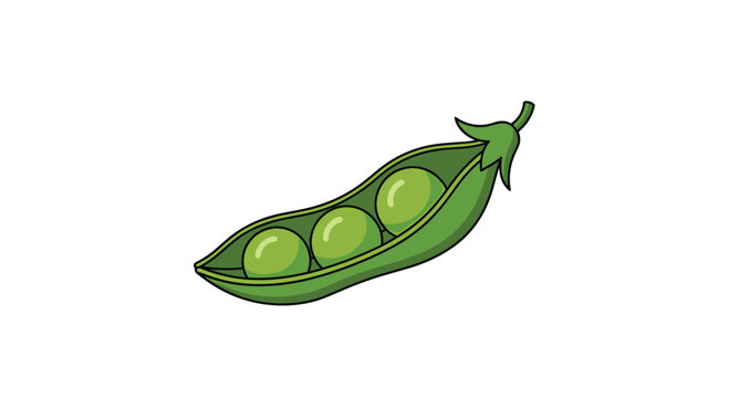A single fresh pea pod with three round green peas is depicted in a clean flat illustration style against a stark white isolated studio background.